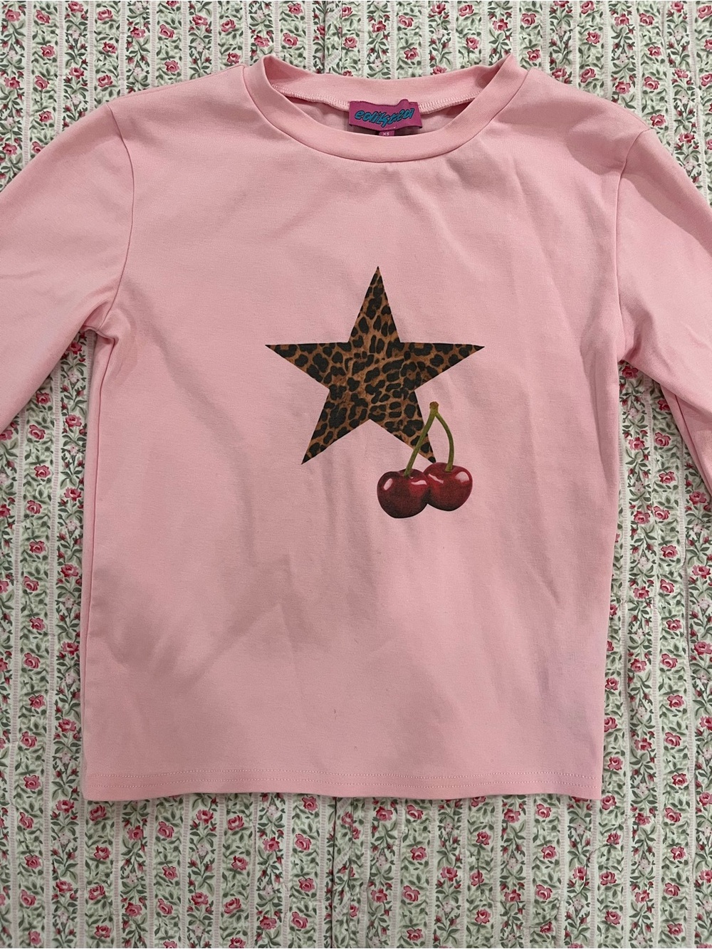 Edikted Pink Long-Sleeve Tee with Leopard Star & Cherry Graphic